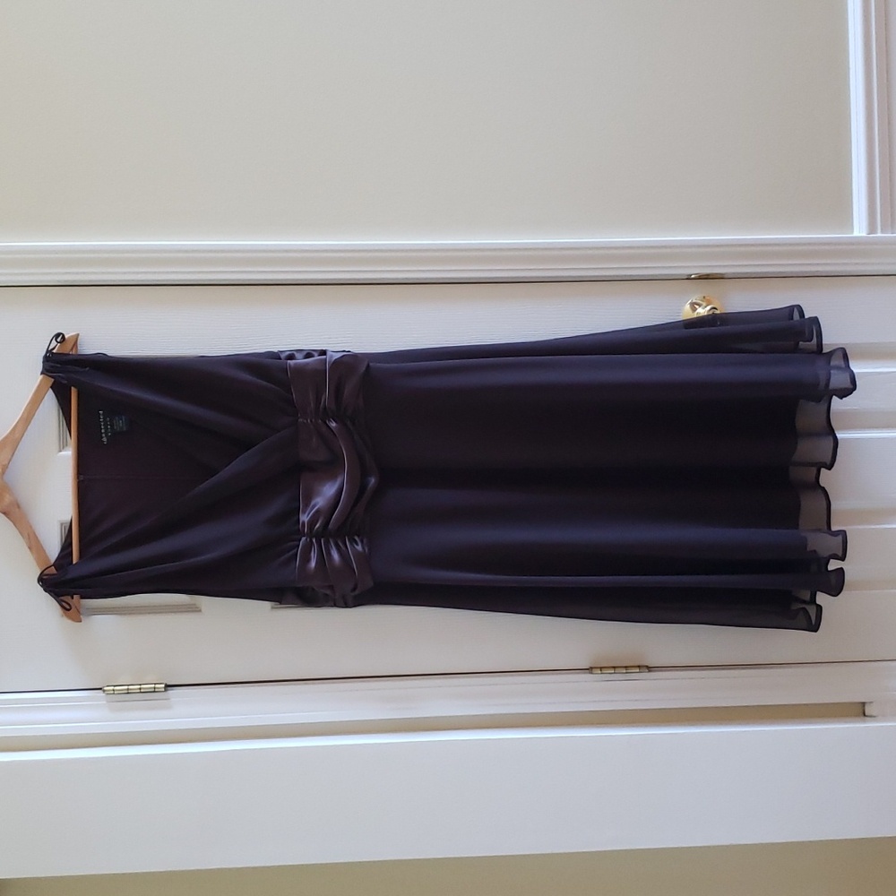Stunning Chocolate Brown Empire-Waist Tea-Length A-Line Dress with V-Neck 18W